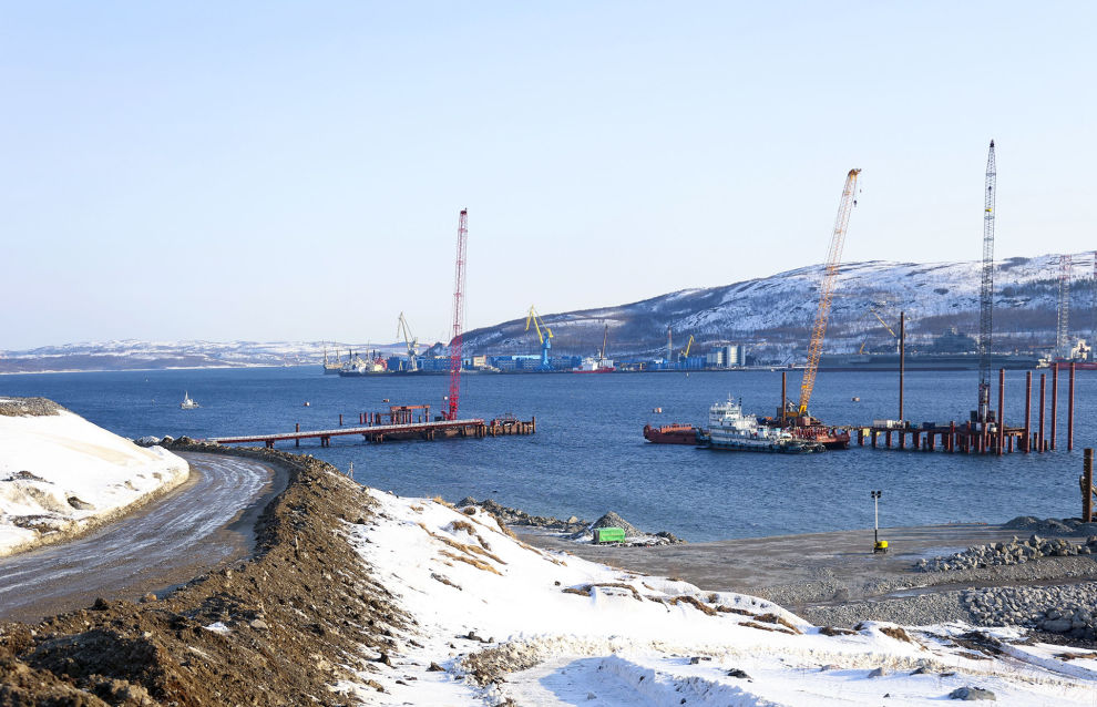 Construction site of the Lavna universal seaport on the western coast of Kola Bay in the Murmansk Region. 