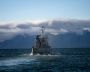 A view shows a ship near an island of the Svalbard archipelago, Norway