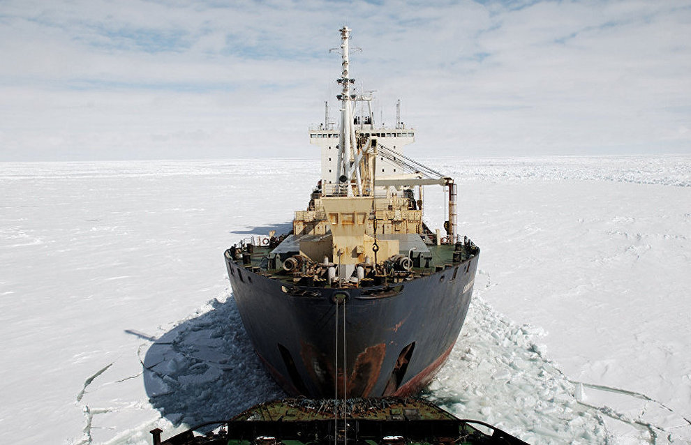 The Taimyr icebreaker leads the Kapitan Man lighter carrier ship