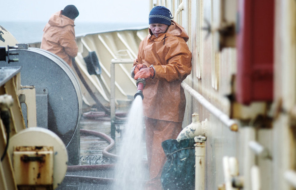 An icebreaker being cleaned up before calling at port