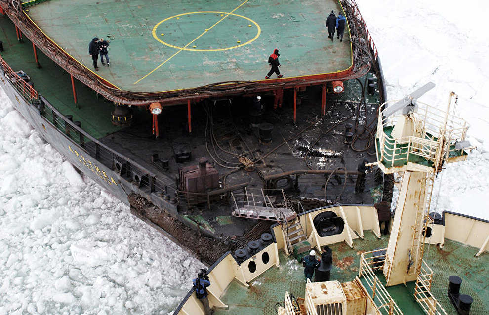 Two nuclear powered icebreakers dock in the Kara Sea