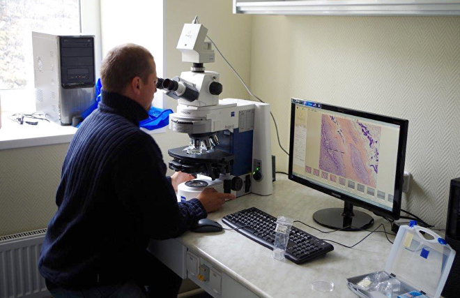 Working with a microscope at the Russian scientific center’s chemical laboratory on Spitsbergen (Svalbard)
