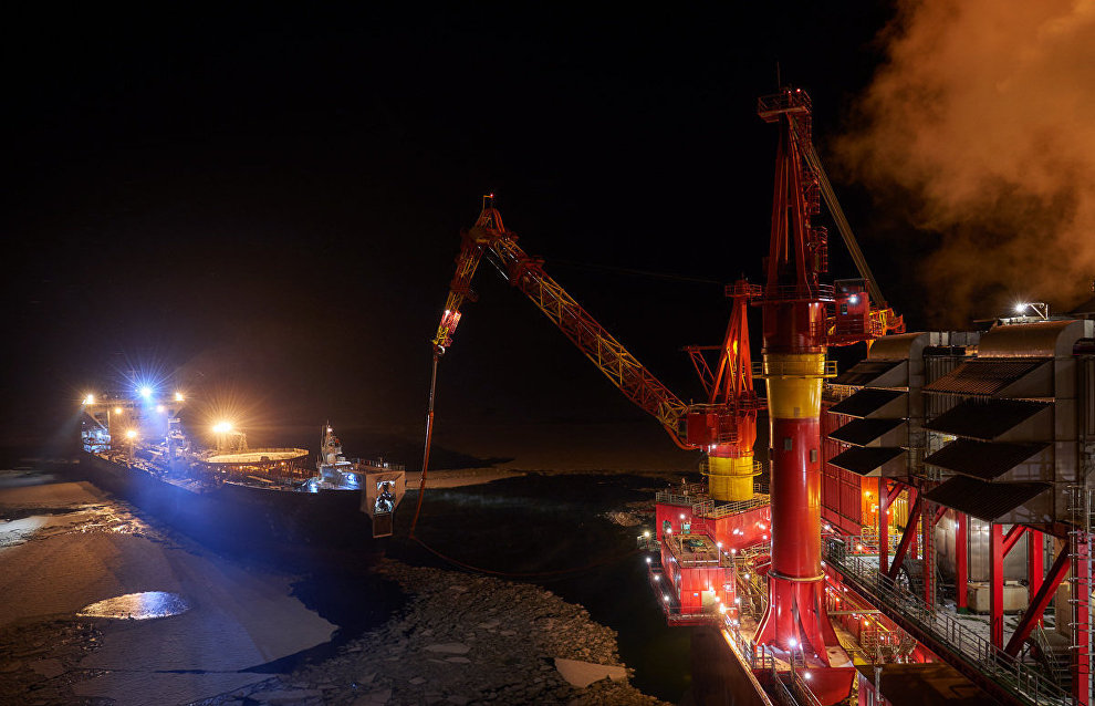 The Kirill Lavrov ice-class tanker during oil injection at the Prirazlomnaya offshore oil platform