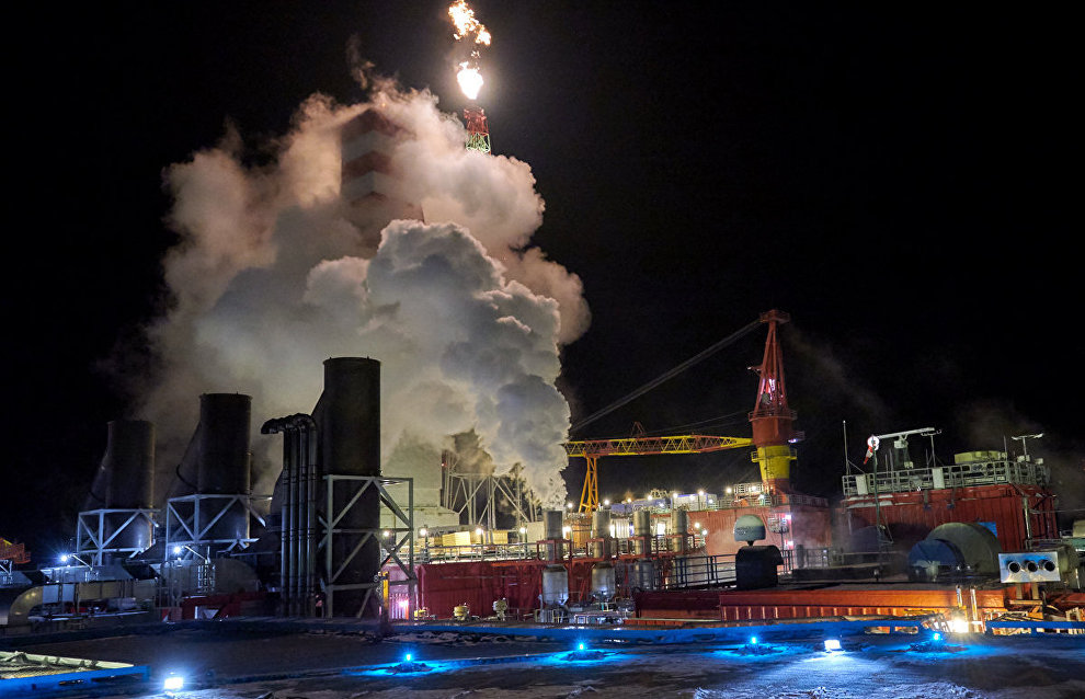 The drill tower and flambeau light at the Prirazlomnaya offshore oil platform