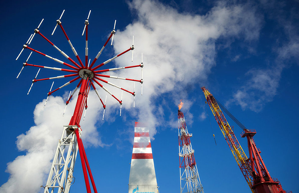 The flambeau light and drill tower at the Prirazlomnaya offshore oil platform