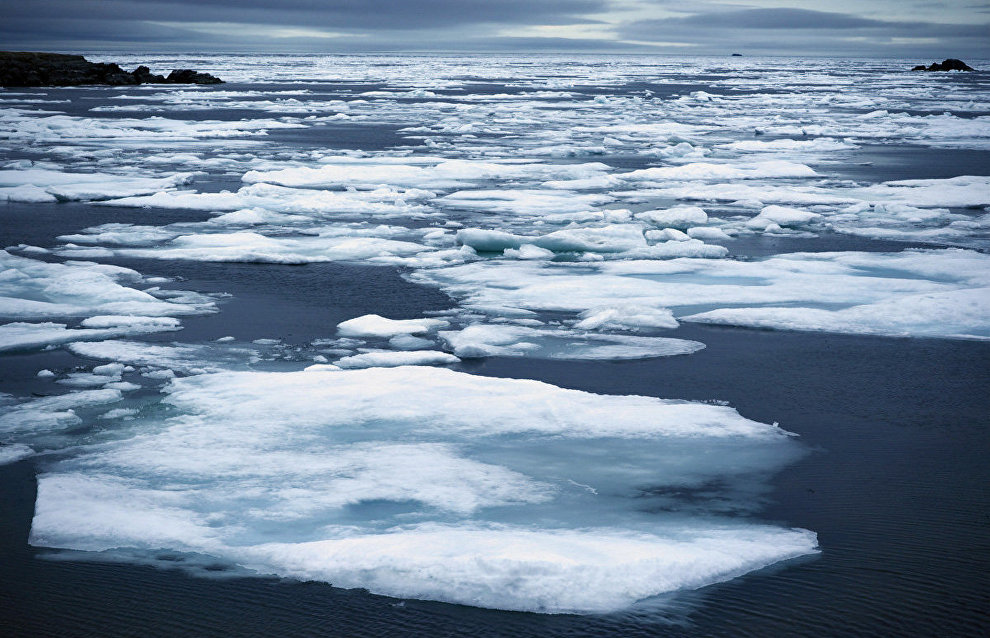 Ice fields closing in on a bay at Cape Sakhanin in the south of Novaya Zemlya. Late July 2015
