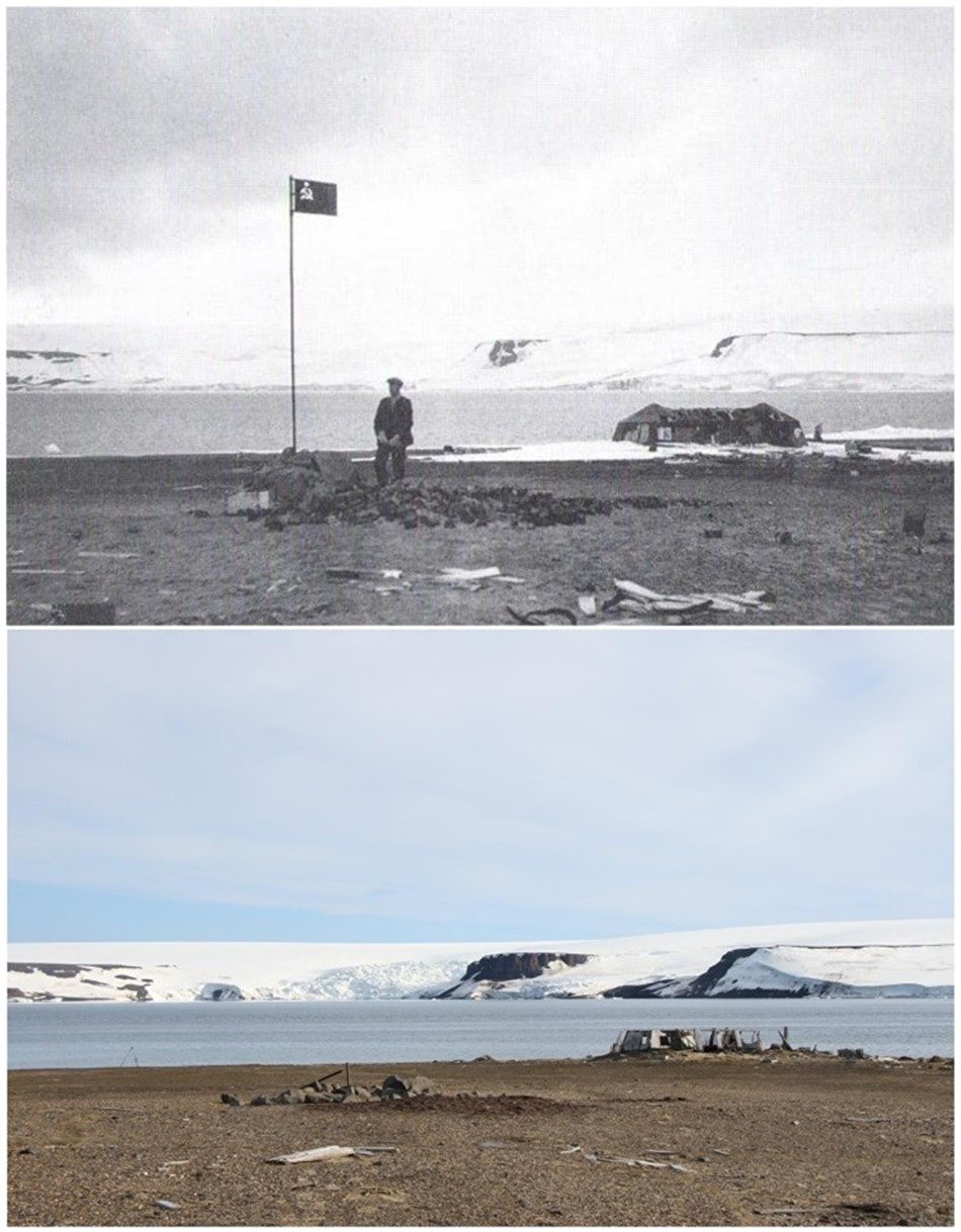 Archival photos taken by Norwegian sailors from the vessel Bratwaag, with a Russian flag with the American base camp in the background (1930), and photos by the Russian Arctic National Park archaeological expedition (2018) Archival photos taken by Norwegian sailors from the vessel Bratwaag, with a Russian flag with the American base camp in the background (1930), and photos by the Russian Arctic National Park archaeological expedition (2018)