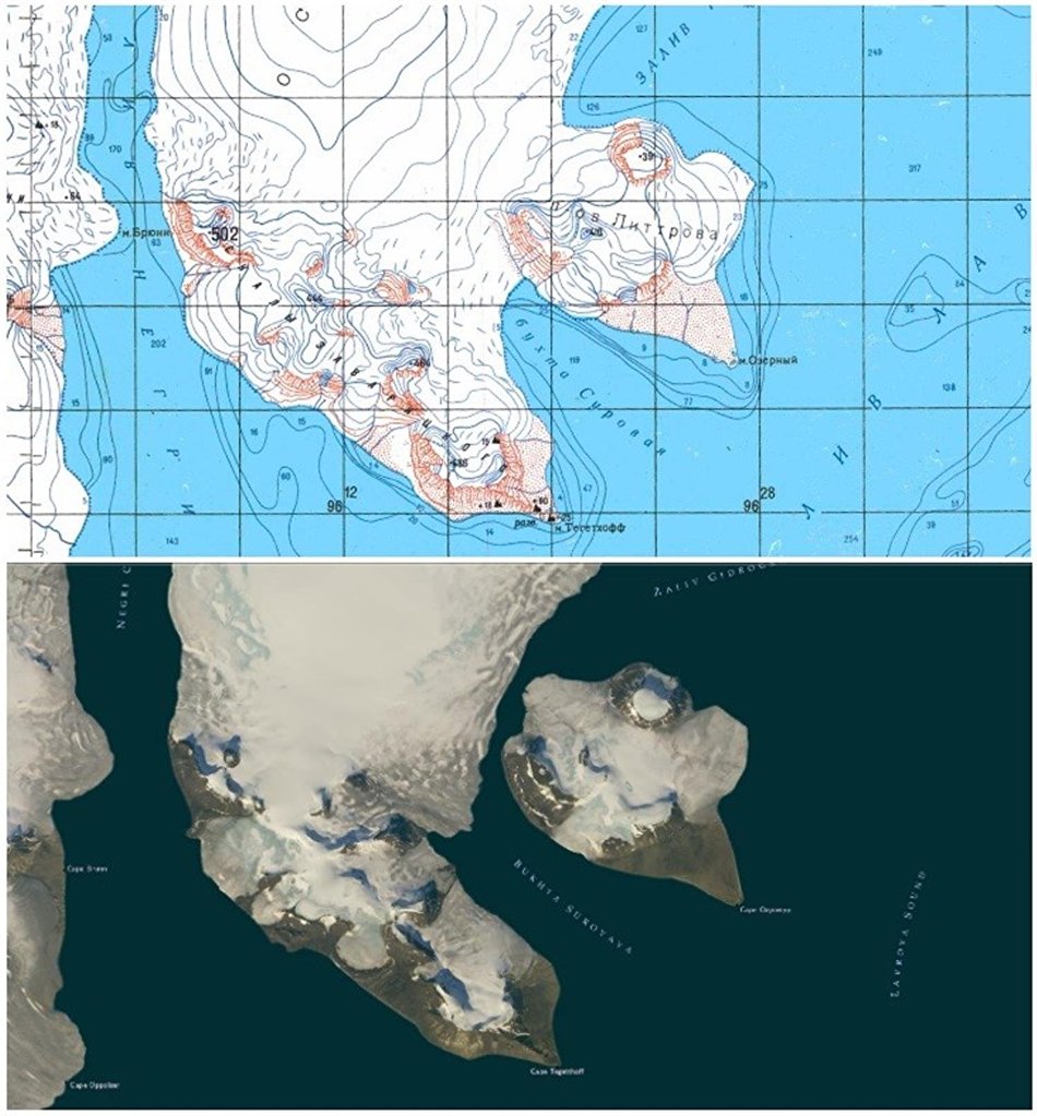 A topographic map of Franz Josef Land and a contemporary photo of the archipelago taken from space A topographic map of Franz Josef Land and a contemporary photo of the archipelago taken from space