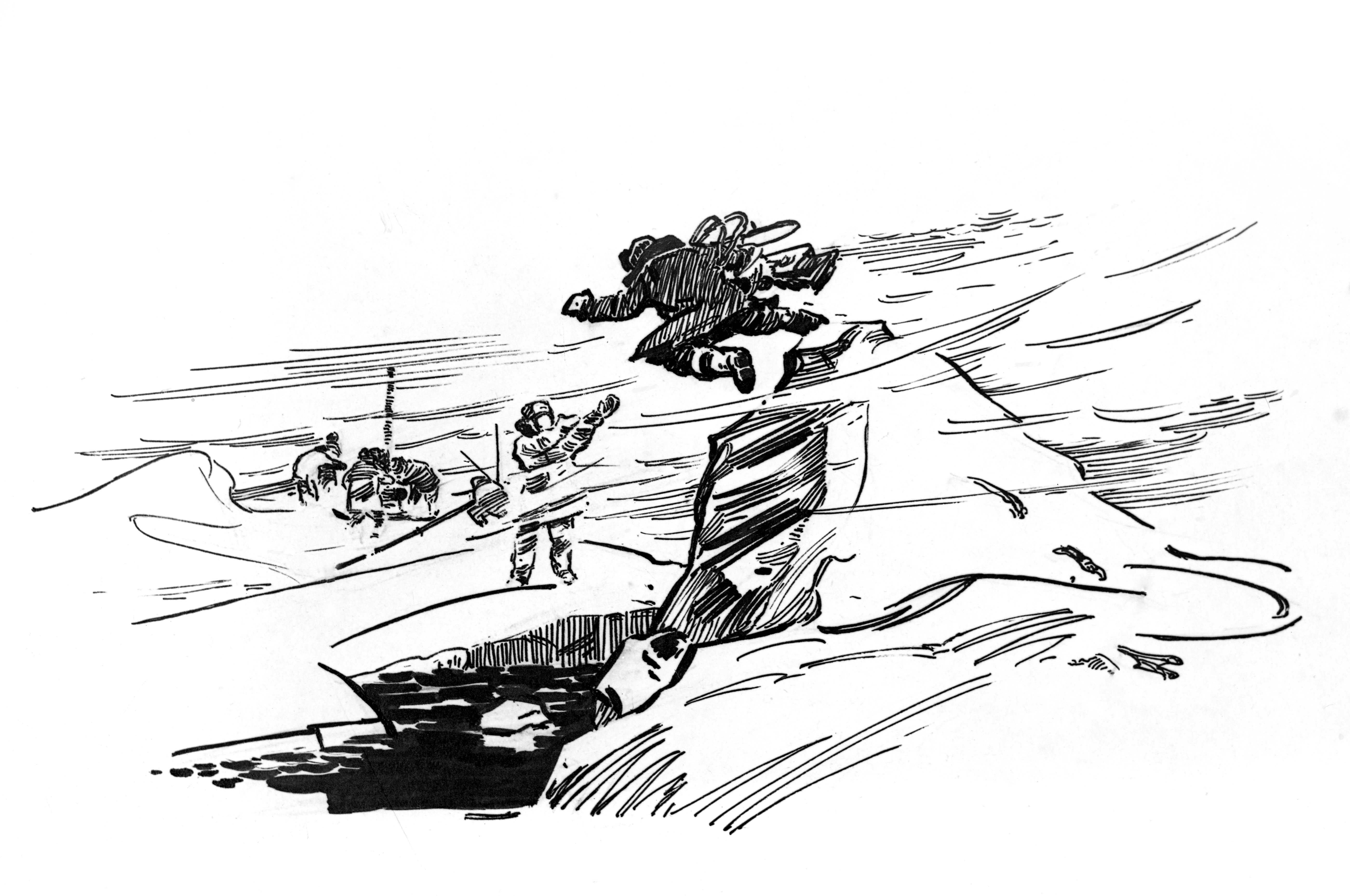 The graphic drawing Radio Mechanic Becomes Acrobat by German Makarov. Reproduction. SP-10 polar station