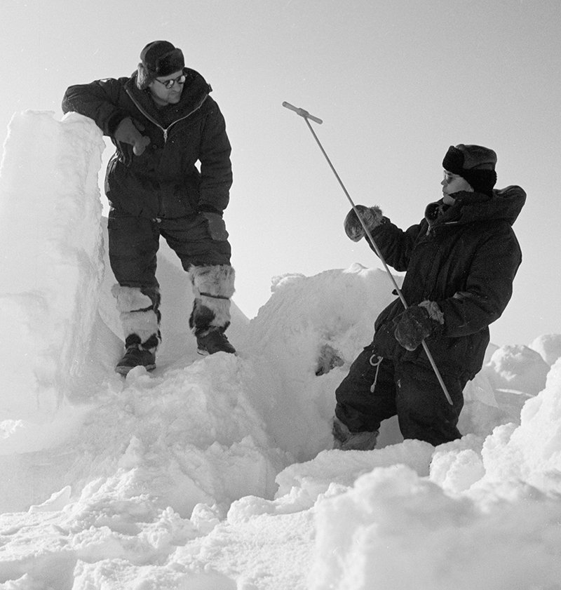 Polar pilots measuring the thickness of ice, North Pole 11 drifting station, Arctic