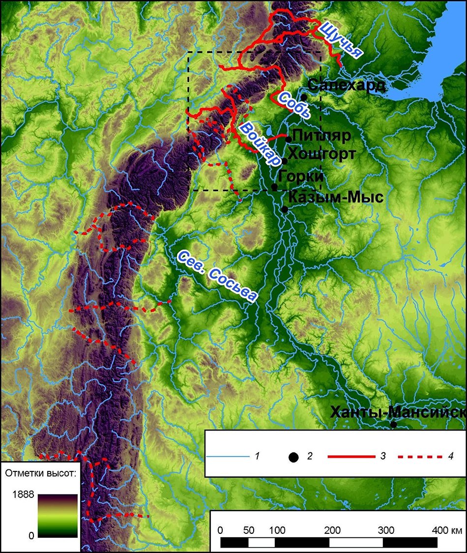 Antecedent valleys across the northern Urals. 1 – water system; 2 – residential locations, antecedent valleys; 3 –main; 4 – secondary Antecedent valleys across the northern Urals. 1 – water system; 2 – residential locations, antecedent valleys; 3 –main; 4 – secondary