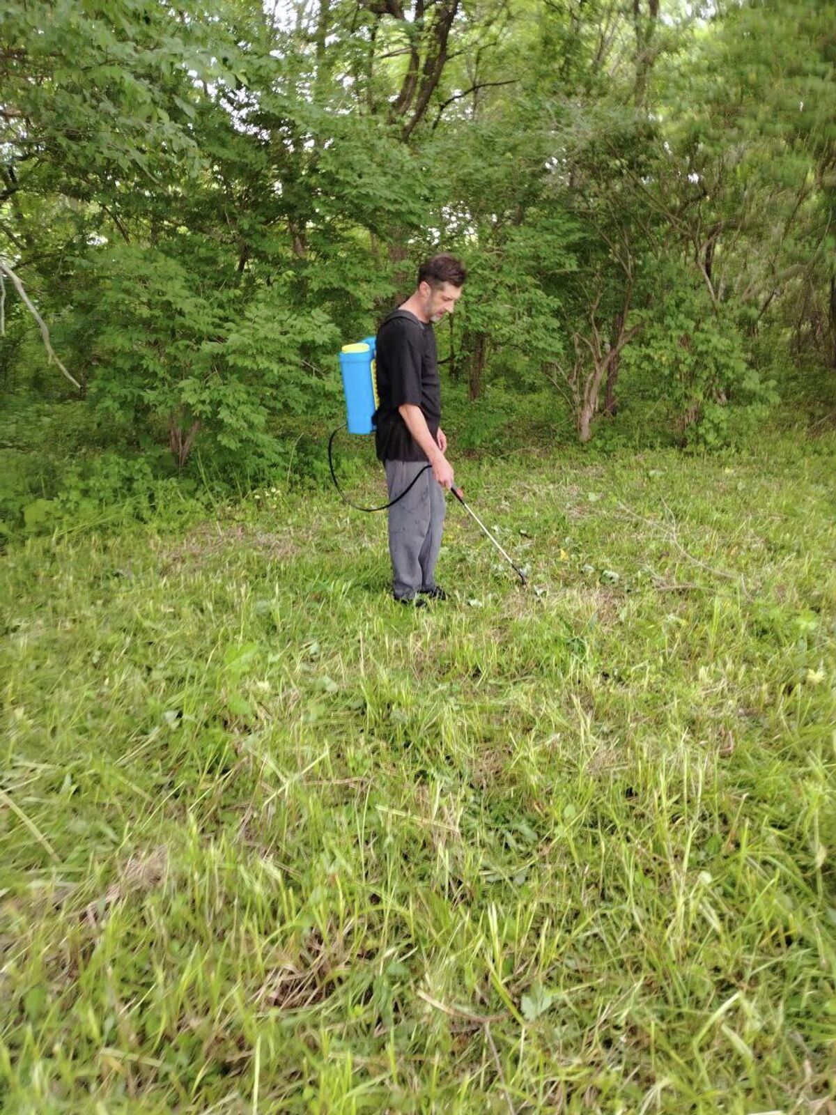 Vyacheslav, the husband of Viktoria, sprays the hectare with pesticides