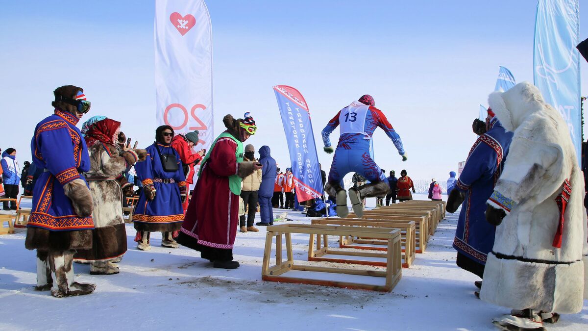 Sled jumping on Reindeer Herder’s Day 2026 in the t settlement of Tazovsky