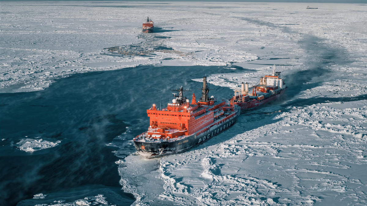 Project 10521 nuclear-powered icebreaker 50 Let Pobedy towing a vessel