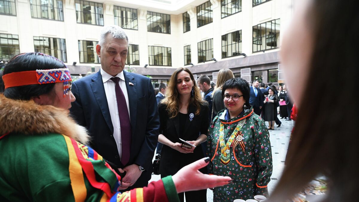 Chair of the State Duma Committee on Issues of Nationalities Vladimir Ivanov attending celebrations for the Day of Indigenous Small-Numbered Peoples of Russia inside the Foreign Ministry building in Moscow
