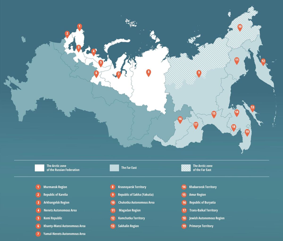 Map of the Russian Federation with the Arctic zone and the Far East 