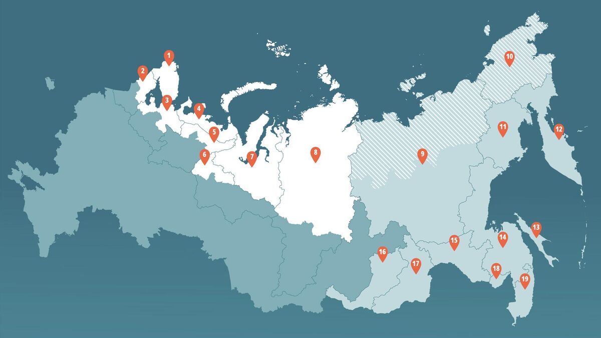 Map of the Russian Federation with the Arctic zone and the Far East 