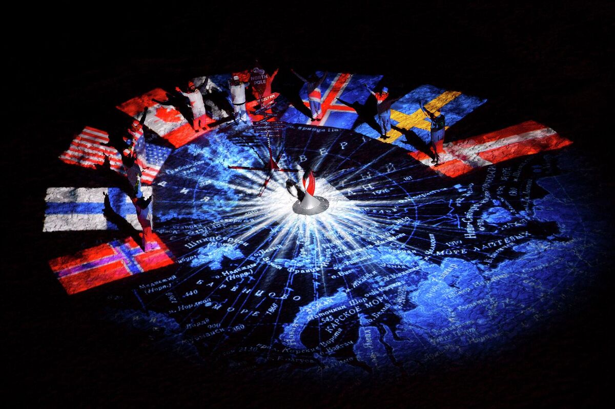 Projection of flags of all countries that took part in the Olympic Torch relay to the North Pole 