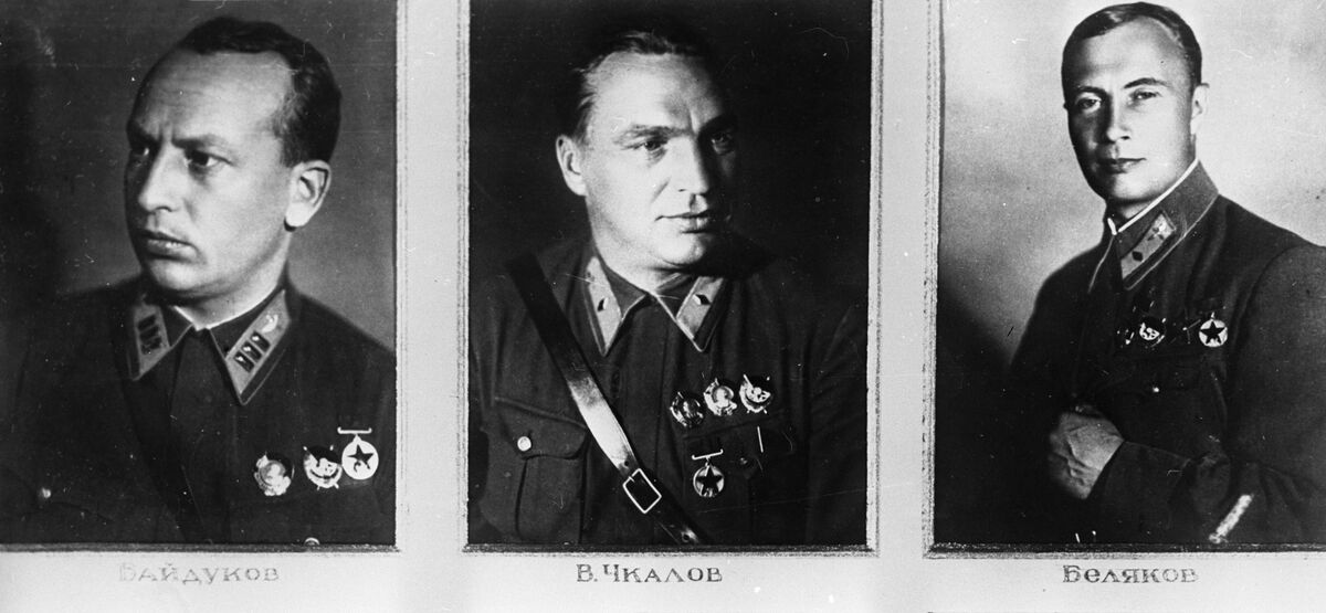 Soviet aviation heroes: Georgy Baidukov, Valery Chkalov, Alexander Belyakov