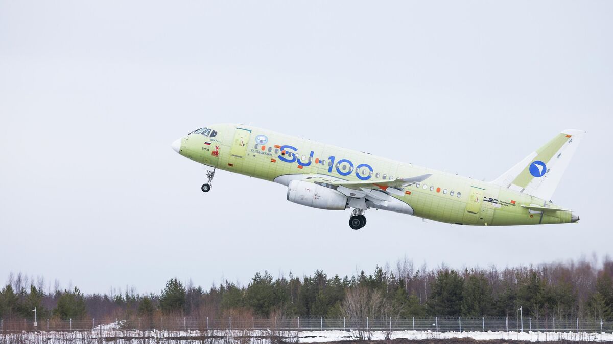 SJ-100 (Superjet) aircraft undergoing natural icing tests at Talagi Airport, Arkhangelsk, Russia