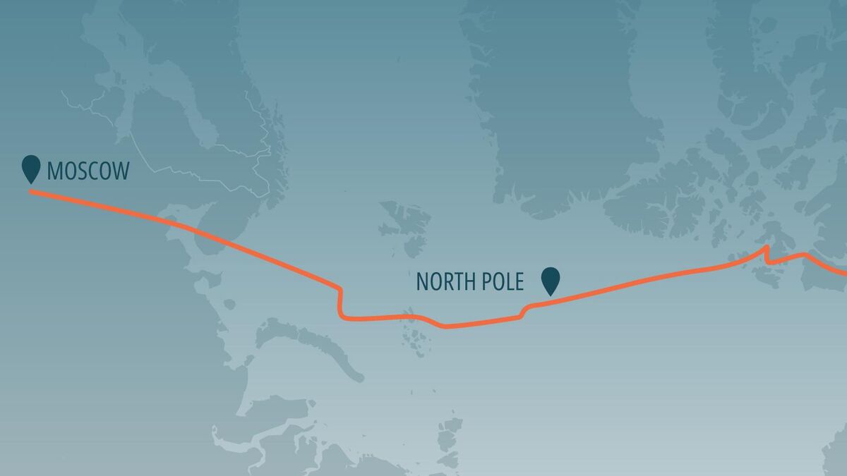 Route map: Moscow - North Pole - Vancouver, United States