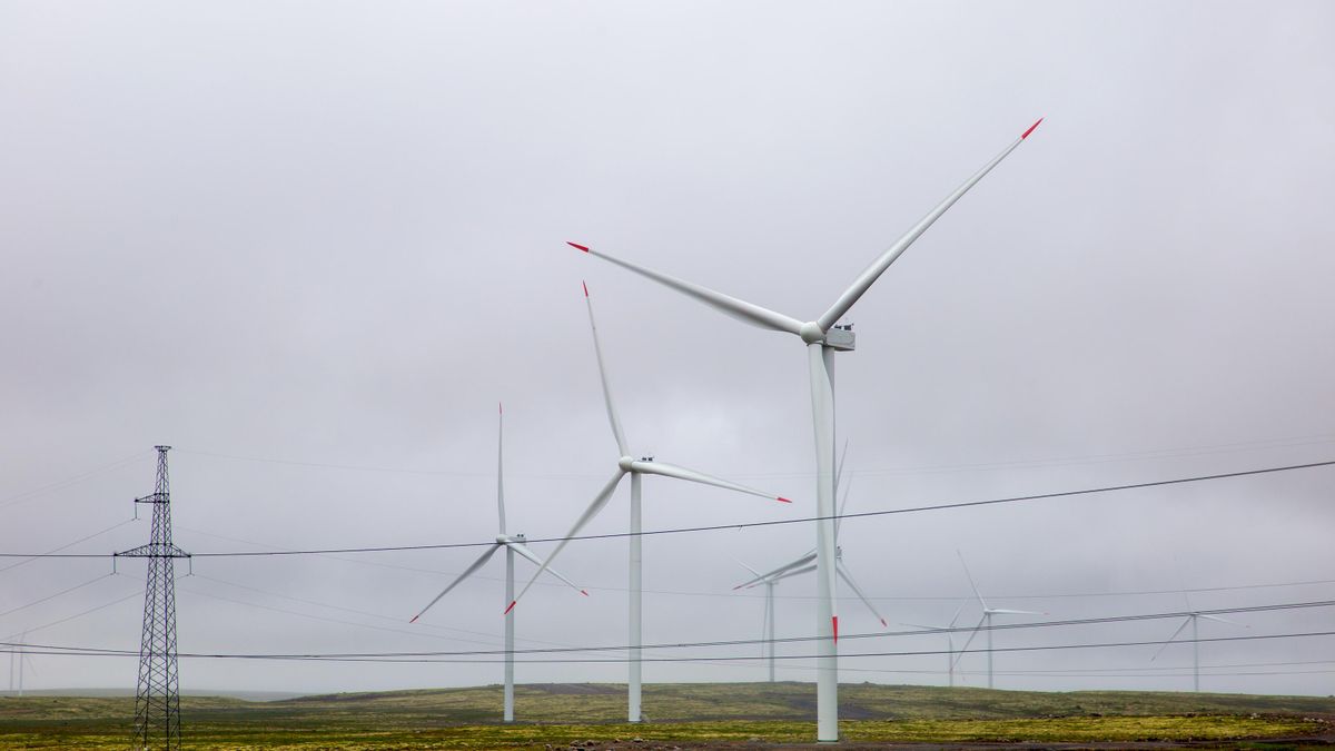 Wind power plants (wind turbines) at the Kola Wind Farm in the Murmansk Region