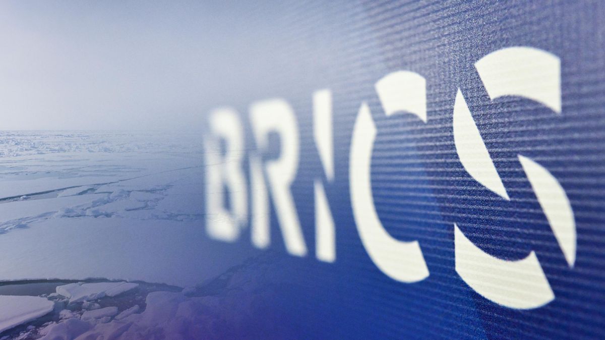 A BRICS logo amid an Arctic landscape 