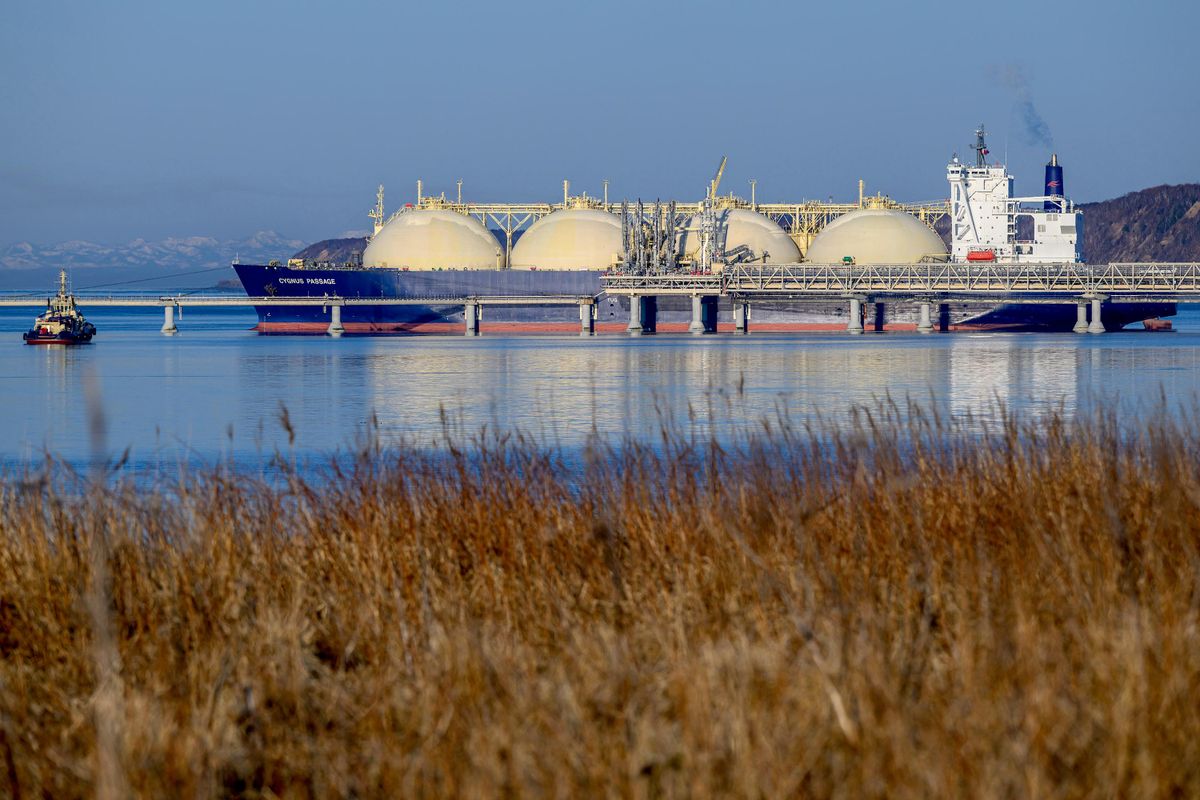 An LNG tanker at the berth of the Sakhalin-2 liquefied natural gas processing plant