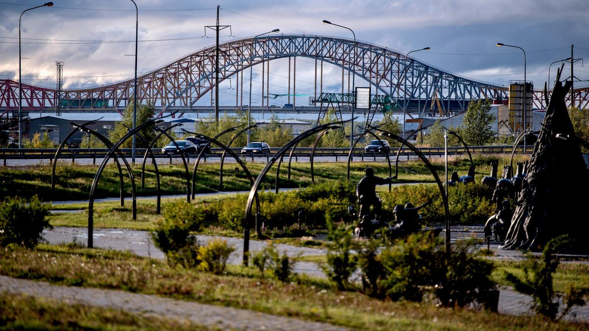 The Red Dragon bridge spanning the Irtysh River, as seen from the Archeopark cultural and tourist center in Khanty-Mansiysk