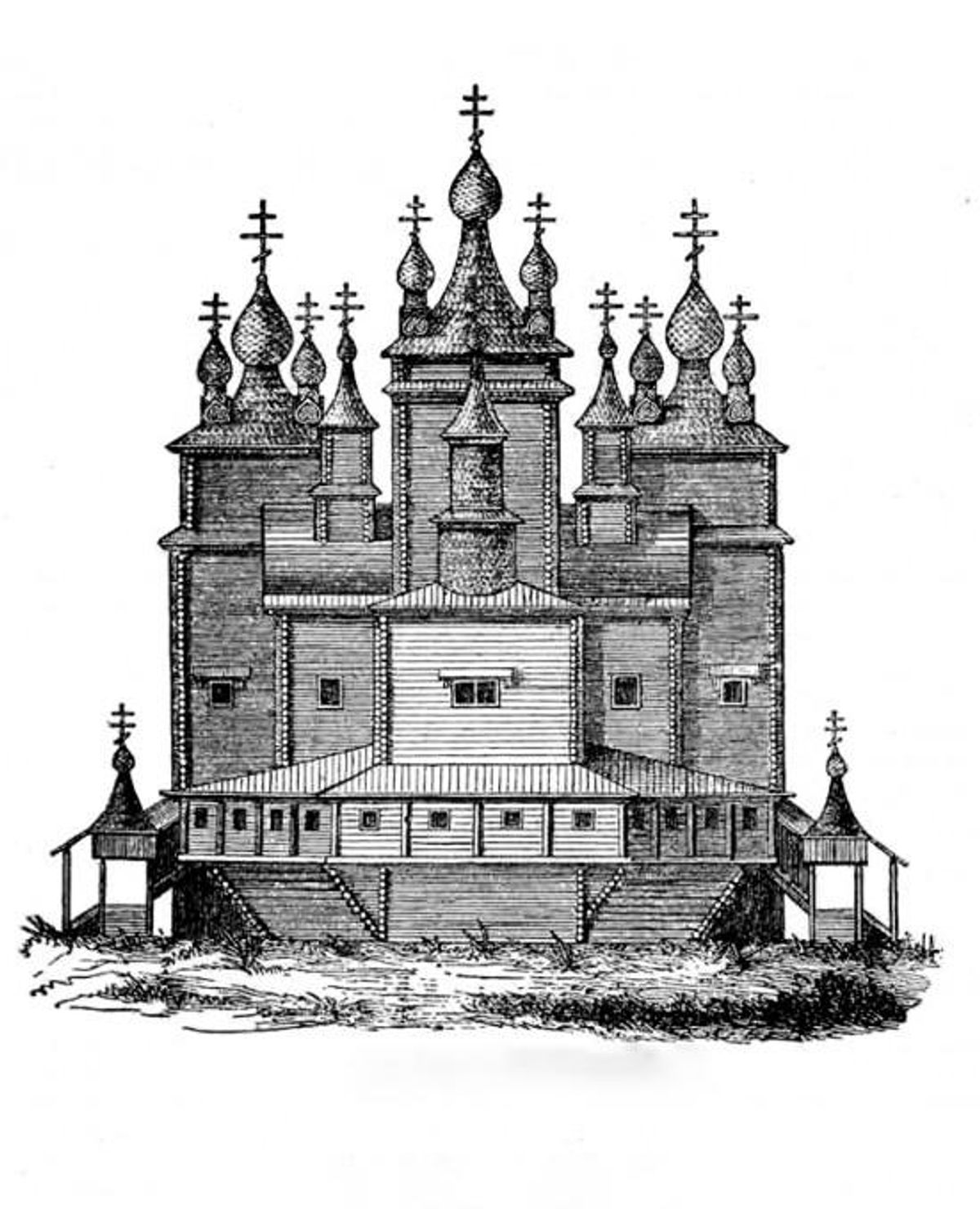 The Resurrection Cathedral in Kola, built in 1684 and burned by the British in 1854. Illustration from the reports of the Imperial Archeological Commission, Issue 41. St. Petersburg, 1911