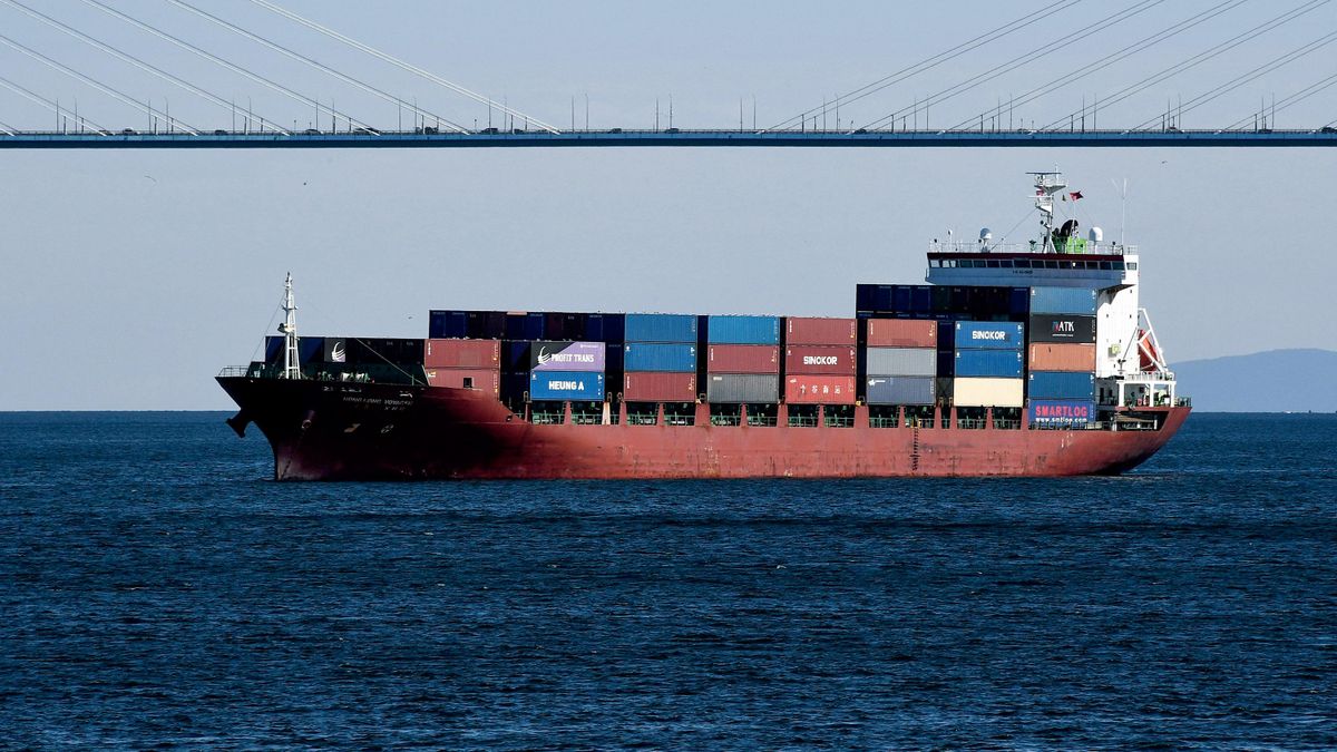 A container carrier in the Eastern Bosphorus Strait in the water area of Vladivostok