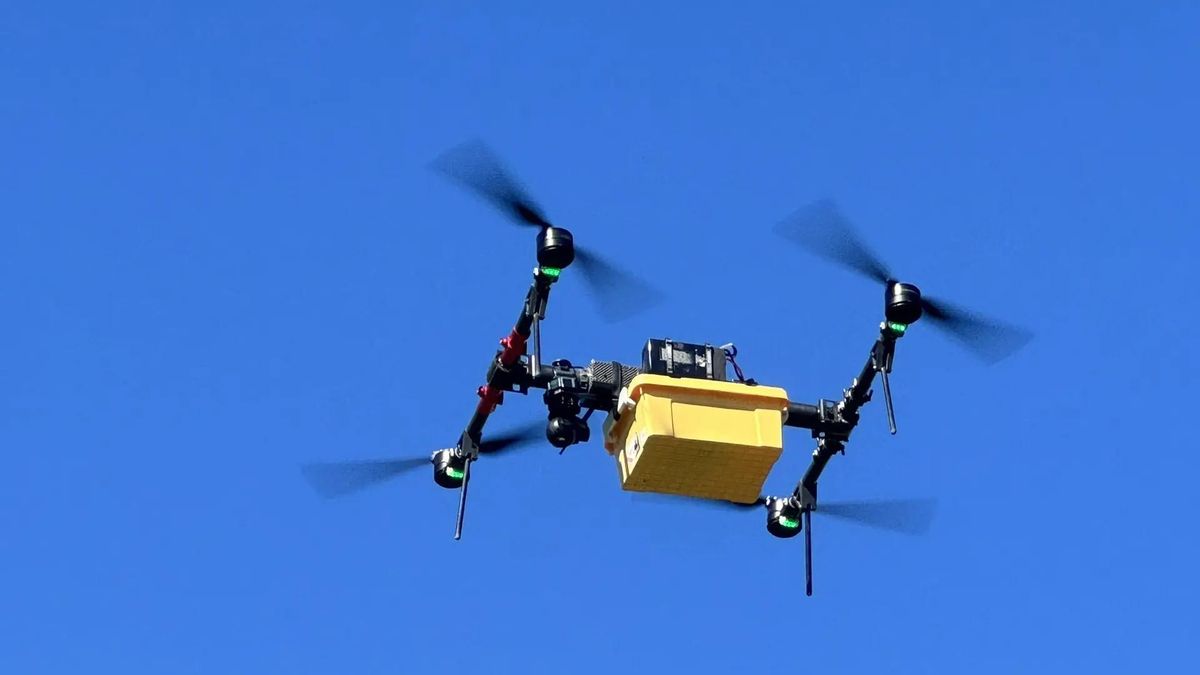 A drone delivering fish roe to a hatchery