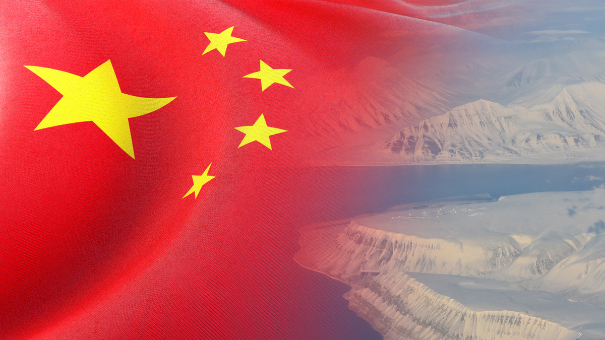 The Chinese flag against the snow-covered peaks of the archipelago